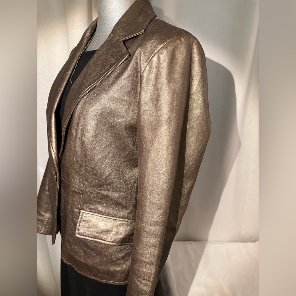 Worthington Metallic Lambskin Genuine Leather Blazer Y2K Glam Statement Jacket - Picture 6 of 12